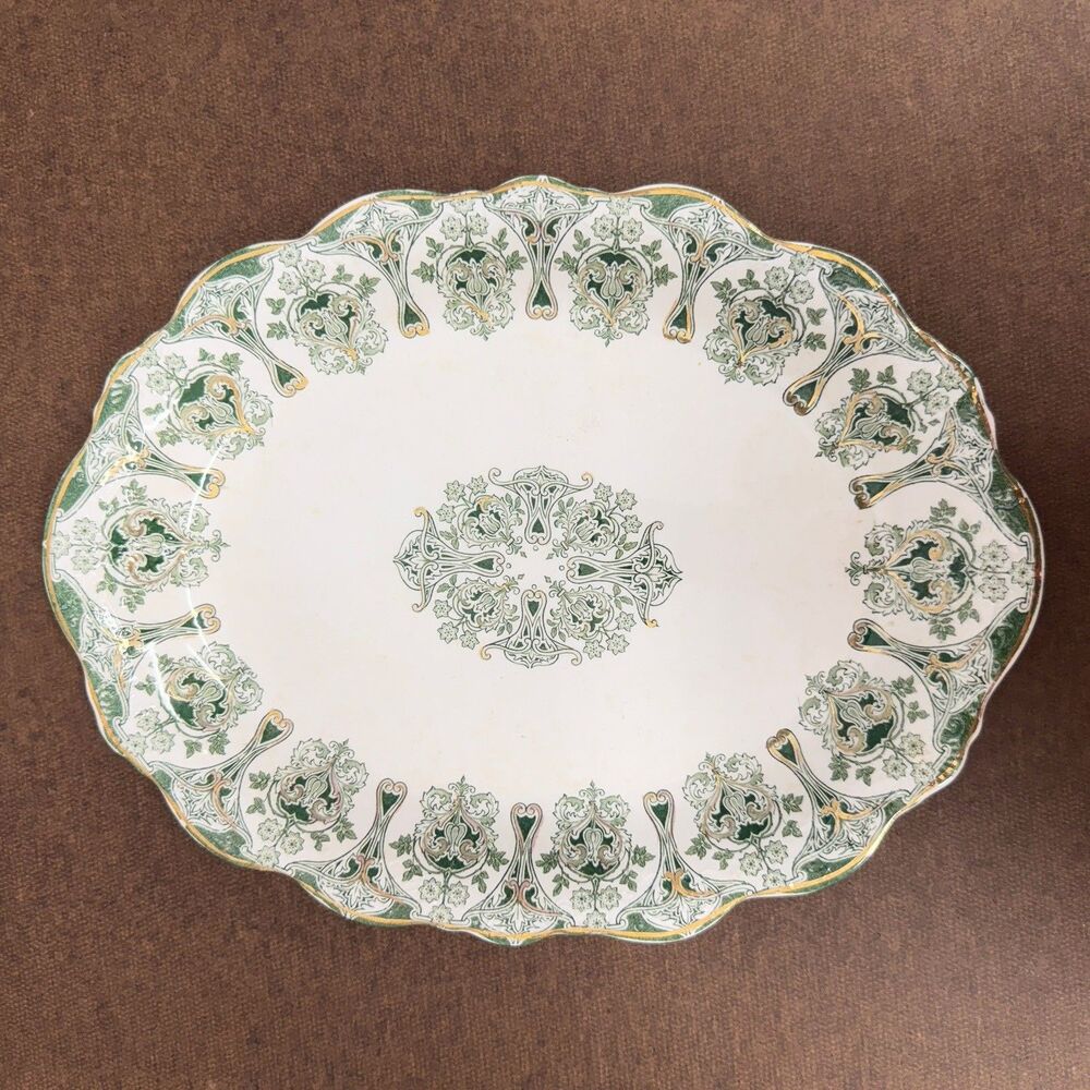 Antique J&G Meakin Genoa 12.25” Oval Serving Platter Green Gold England